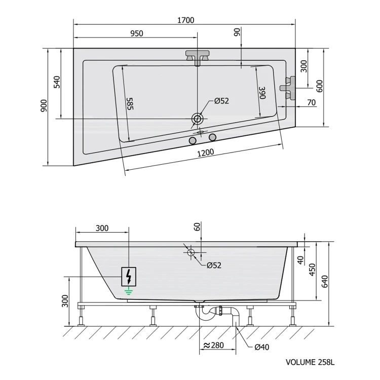 Rysunek techniczny - ANDRA L wanna z hydromasażem, 170x90x45cm, Highline Hydro-Air, chrom