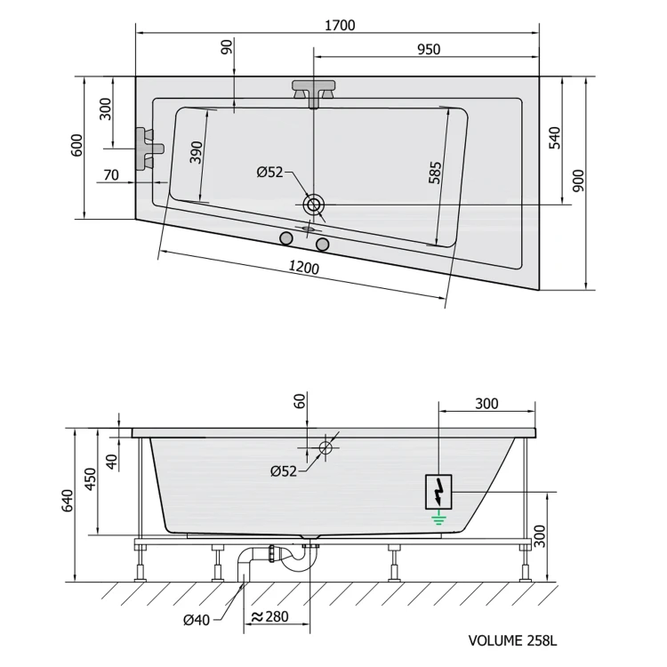 Rysunek techniczny - ANDRA R wanna z hydromasażem, 170x90x45cm, Highline Hydro-Air, chrom