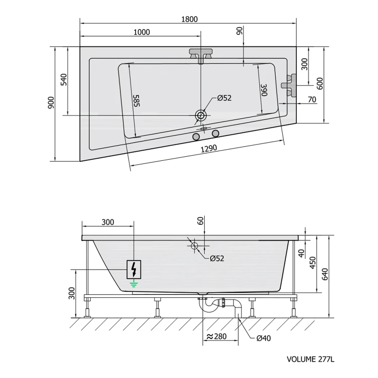 Rysunek techniczny - ANDRA L wanna z hydromasażem, 180x90x45cm, Active Hydro-Air, chrom