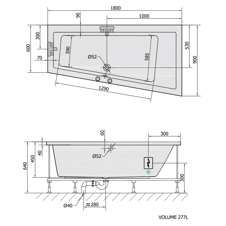 Rysunek techniczny - ANDRA R wanna z hydromasażem, 180x90x45cm, Attraction Hydro-Air, chrom