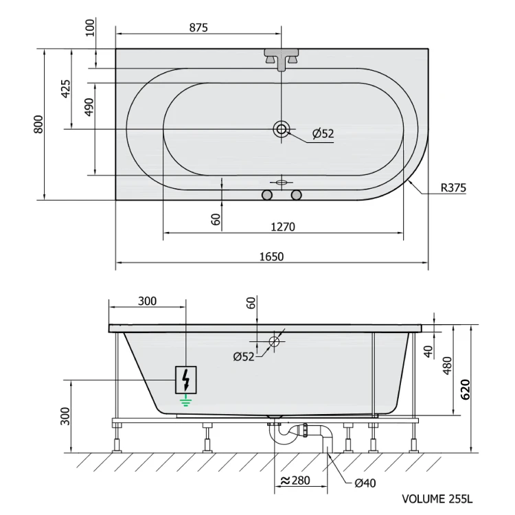 Rysunek techniczny - ASTRA L wanna z hydromasażem, 165x80x48cm, Attraction Hydro-Air, chrom