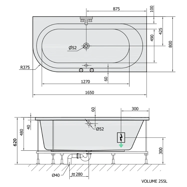 Rysunek techniczny - ASTRA R wanna z hydromasażem, 165x80x48cm, Active Hydro, chrom