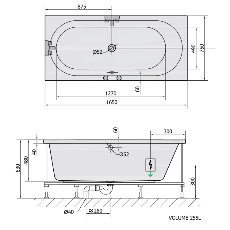 Rysunek techniczny - ASTRA B wanna z hydromasażem, 165x75x48cm, Active Hydro, chrom