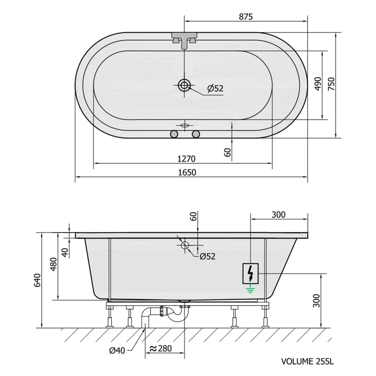 Rysunek techniczny - ASTRA O wanna z hydromasażem, 165x75x48cm, Active Hydro-Air, chrom