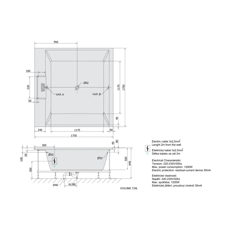 Rysunek techniczny - CAME wanna z hydromasażem, 175x175x50cm, Active Hydro-Air, chrom