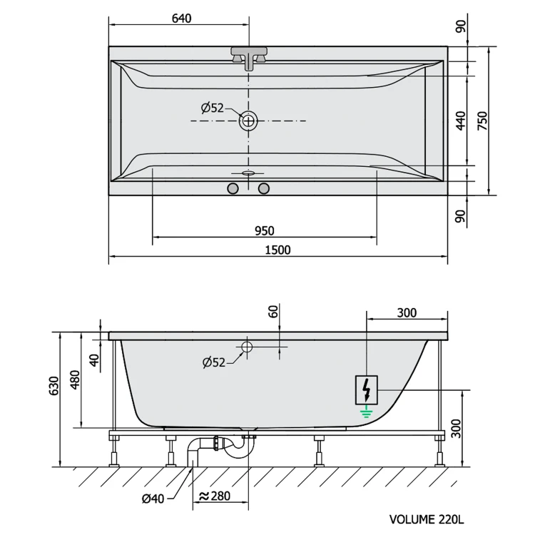 Rysunek techniczny - CLEO wanna z hydromasażem, 150x75x48cm, Attraction Hydro-Air, chrom