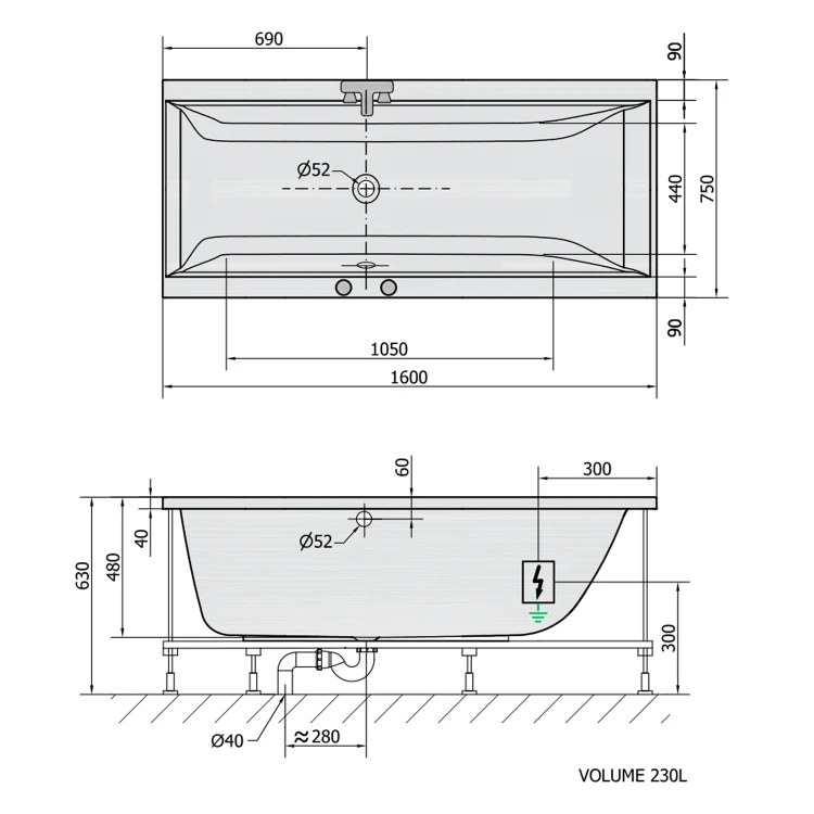 Rysunek techniczny - CLEO wanna z hydromasażem, 160x75x48cm, Active Hydro, chrom