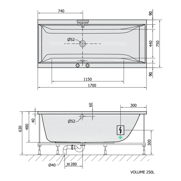 Rysunek techniczny - CLEO wanna z hydromasażem, 170x75x48cm, Highline Hydro-Air, chrom