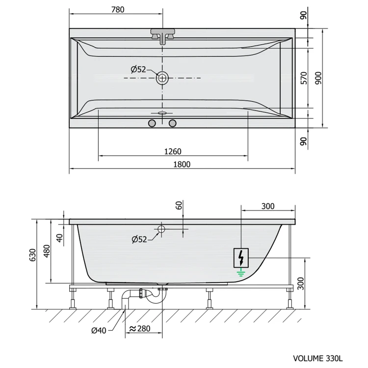 Rysunek techniczny - CLEO wanna z hydromasażem, 180x90x48cm, Highline Hydro-Air, chrom