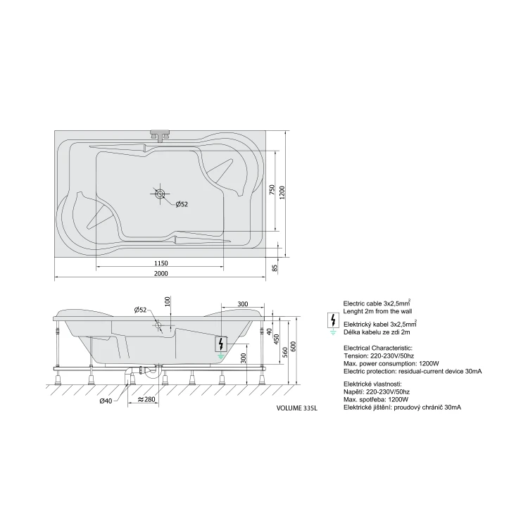 Rysunek techniczny - DUO wanna z hydromasażem, 200x120x45cm Highline Hydro-Air, chrom