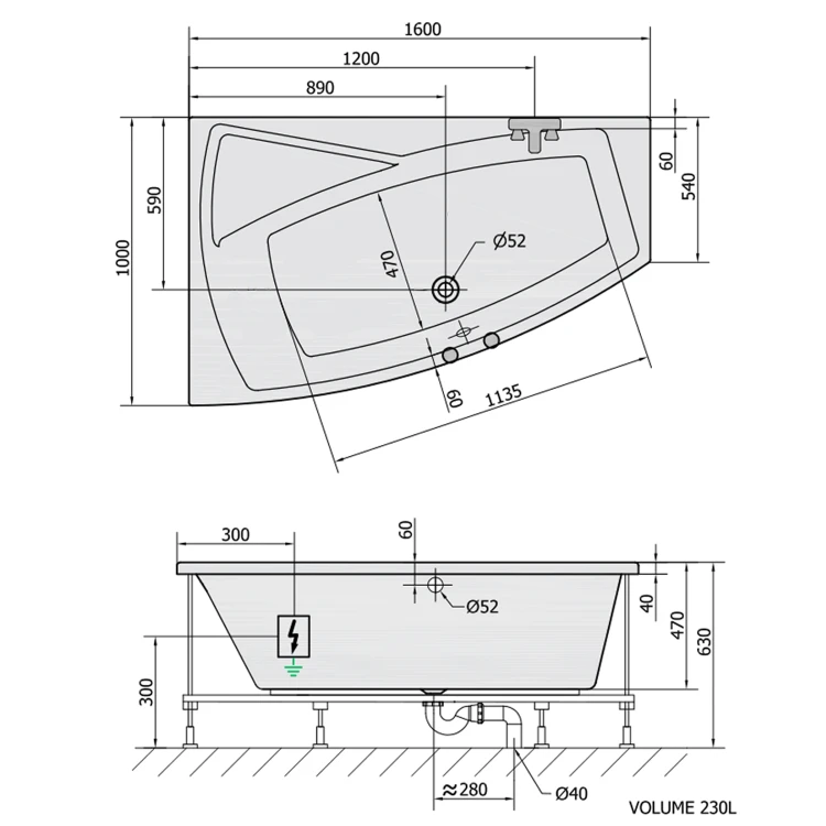 Rysunek techniczny - EVIA L wanna z hydromasażem, 160x100x47cm, Active Hydro, chrom