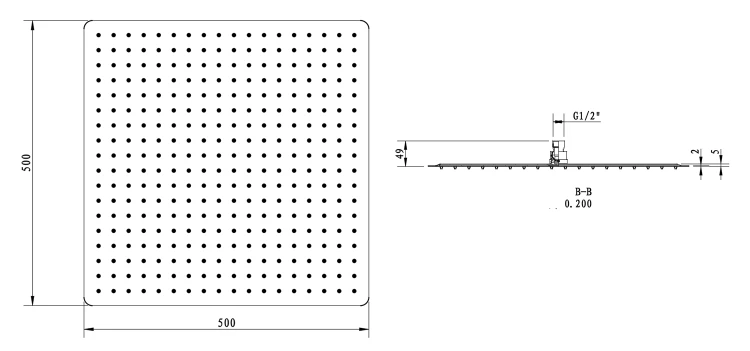 Rysunek techniczny - SLIM deszczownia, 500x500mm, stal nierdzewna połysk