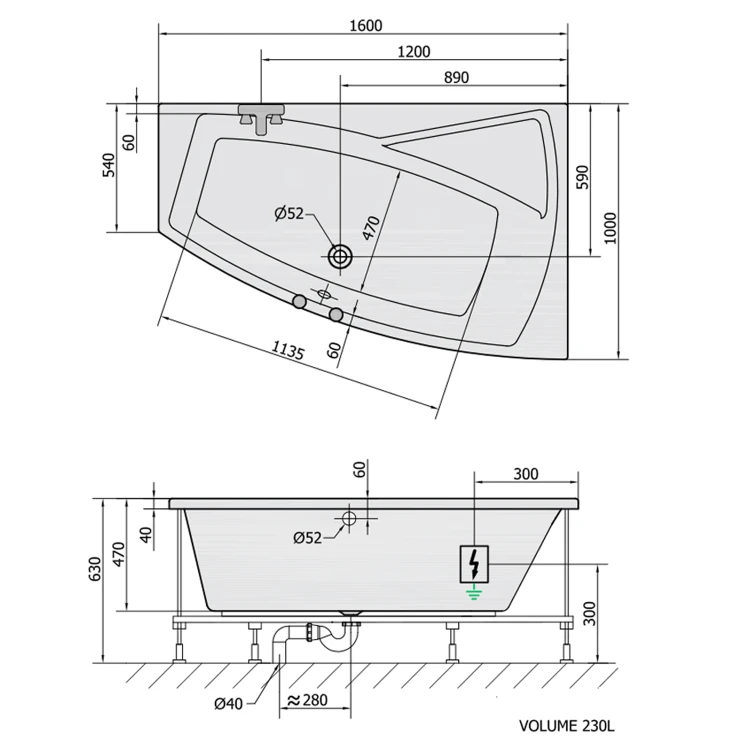 Rysunek techniczny - EVIA R wanna z hydromasażem, 160x100x47cm, Attraction Hydro-Air, chrom
