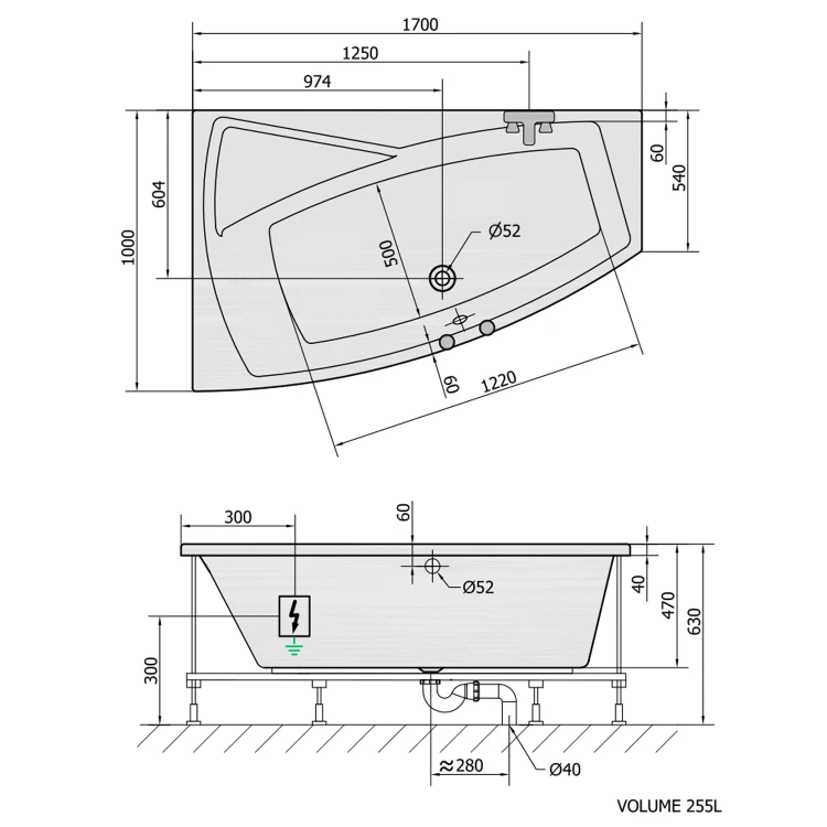 Rysunek techniczny - EVIA L wanna z hydromasażem, 170x100x47cm, Attraction Hydro-Air, chrom