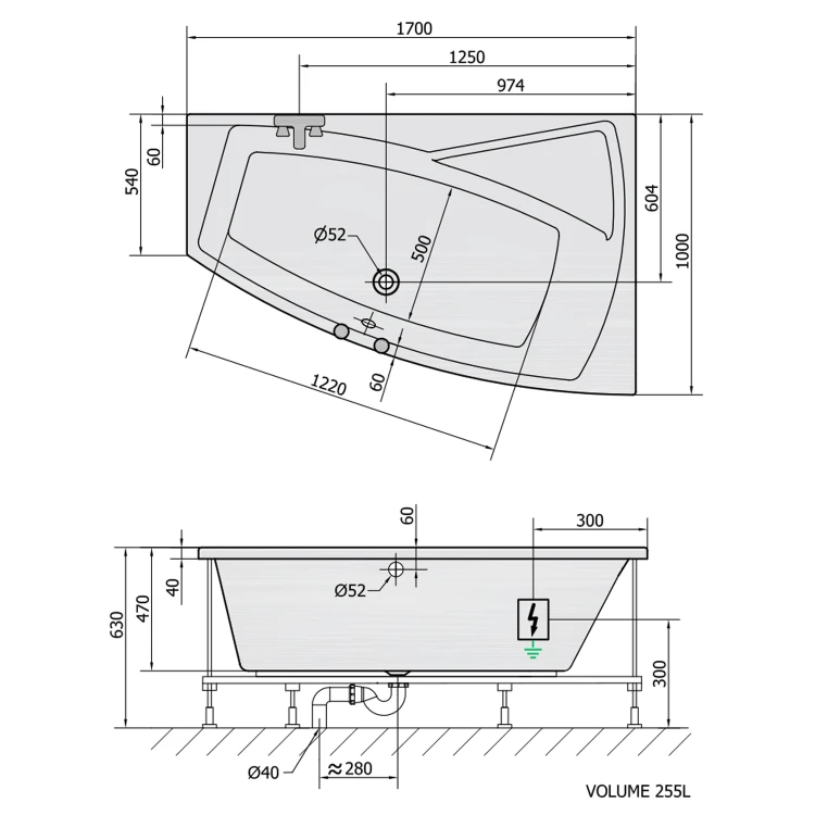 Rysunek techniczny - EVIA R wanna z hydromasażem, 170x100x47cm, Highline Hydro-Air, chrom