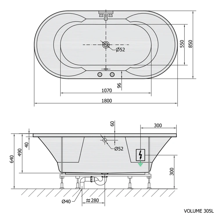 Rysunek techniczny - IO wanna z hydromasażem, 180x85x49cm, Attraction Hydro-Air, chrom
