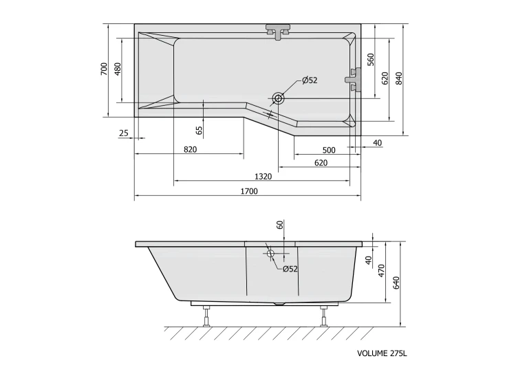 Rysunek techniczny - VERSYS R wanna asymetryczna 170x84x70x47cm, biały