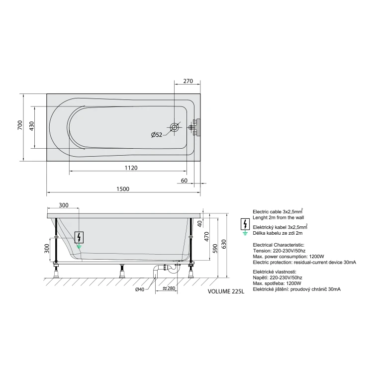 Rysunek techniczny - LISA wanna z hydromasażem, 150x70x47cm, Attraction Hydro-Air, chrom
