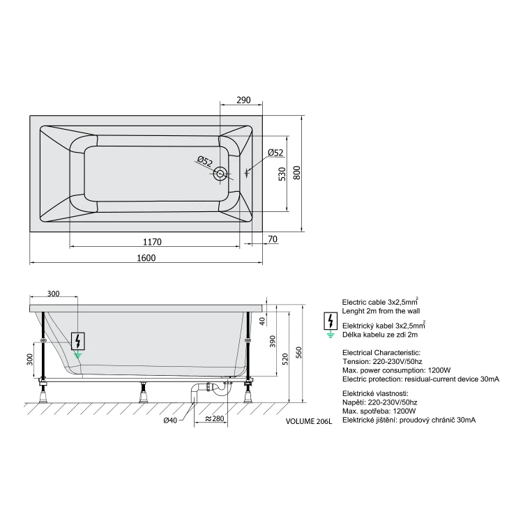 Rysunek techniczny - NOEMI wanna z hydromasażem, 160x80x39cm, Attraction Hydro-Air, chrom