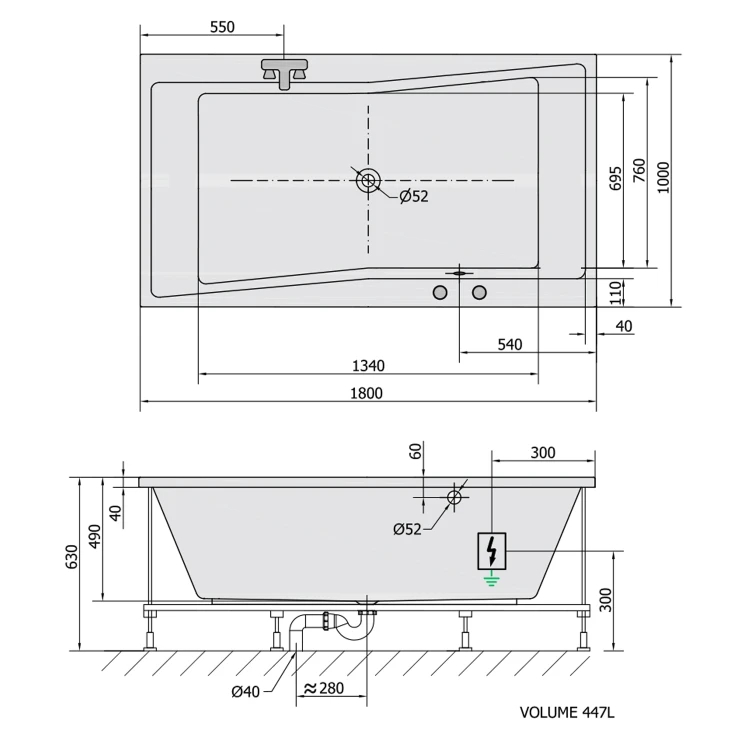 Rysunek techniczny - QUEST wanna z hydromasażem, 180x100x49cm, Attraction Hydro-Air, chrom
