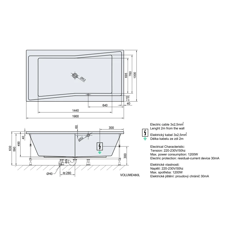 Rysunek techniczny - QUEST wanna z hydromasażem, 190x100x49cm, Attraction Hydro-Air, chrom