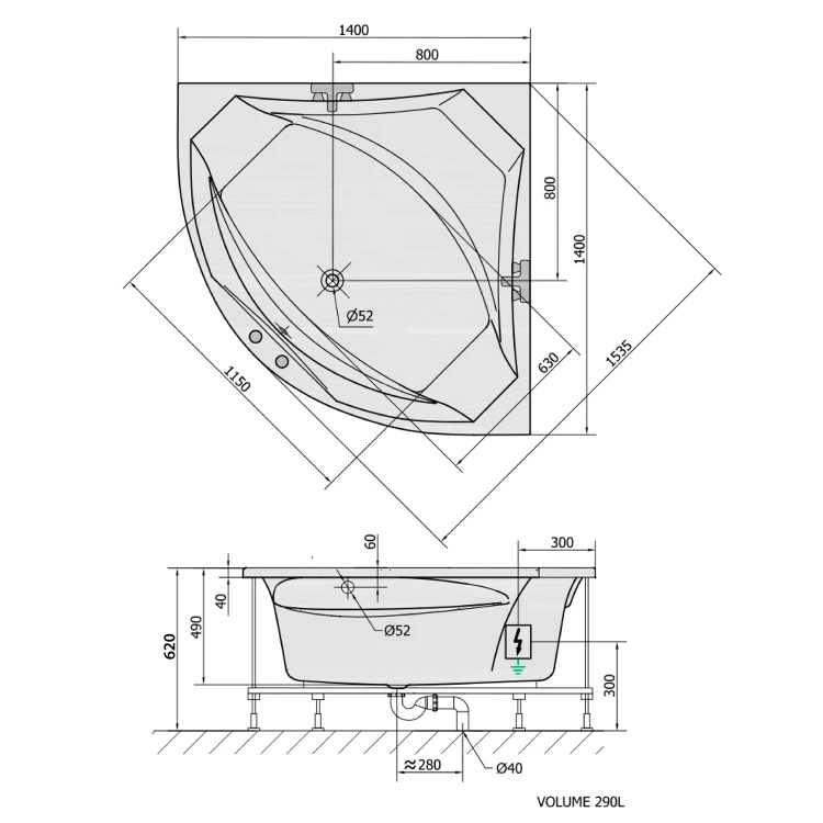 Rysunek techniczny - ROSANA wanna z hydromasażem, 140x140x49cm, Active Hydro, chrom