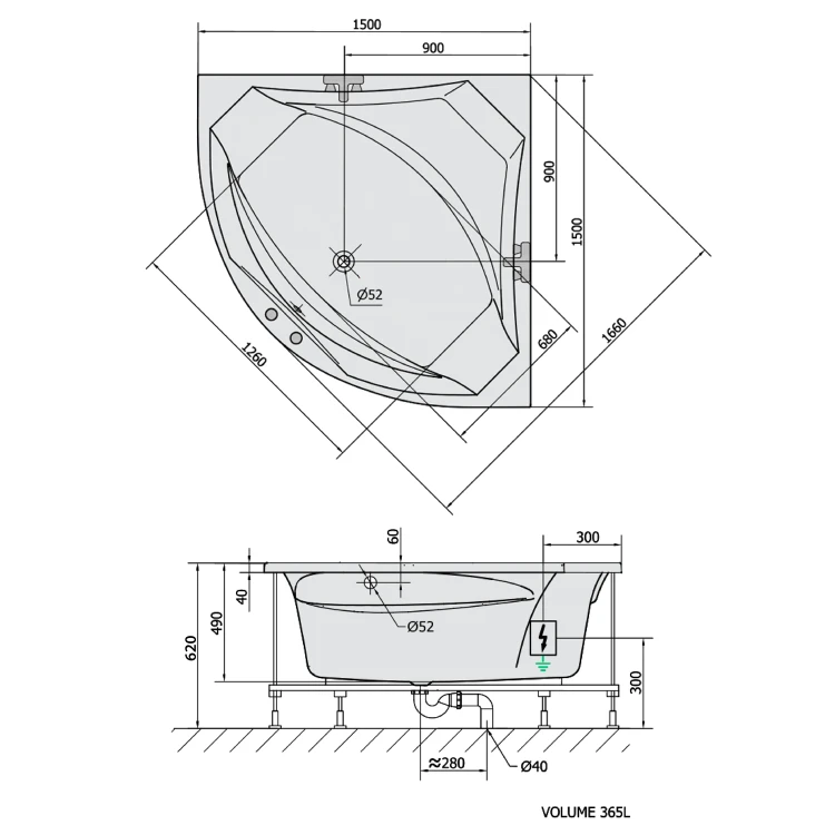 Rysunek techniczny - ROSANA wanna z hydromasażem, 150x150x49cm, Highline Hydro-Air, chrom