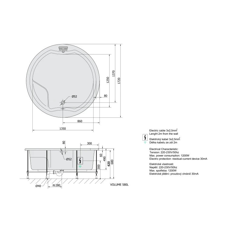Rysunek techniczny - ROYAL ROUND wanna z hydromasażem, 172x172x49cm, Highline Hydro-Air, chrom