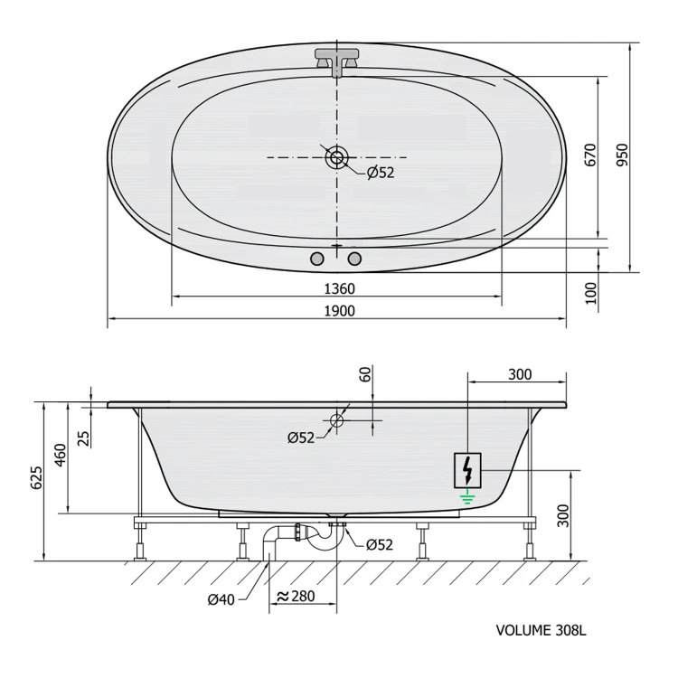 Rysunek techniczny - STADIUM wanna z hydromasażem, 190x95x46cm, Attraction Hydro, chrom