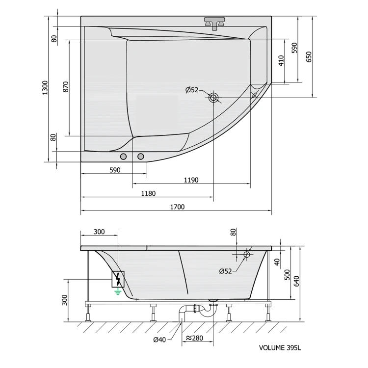 Rysunek techniczny - TANDEM L wanna z hydromasażem, 170x130x50cm, Active Hydro, chrom
