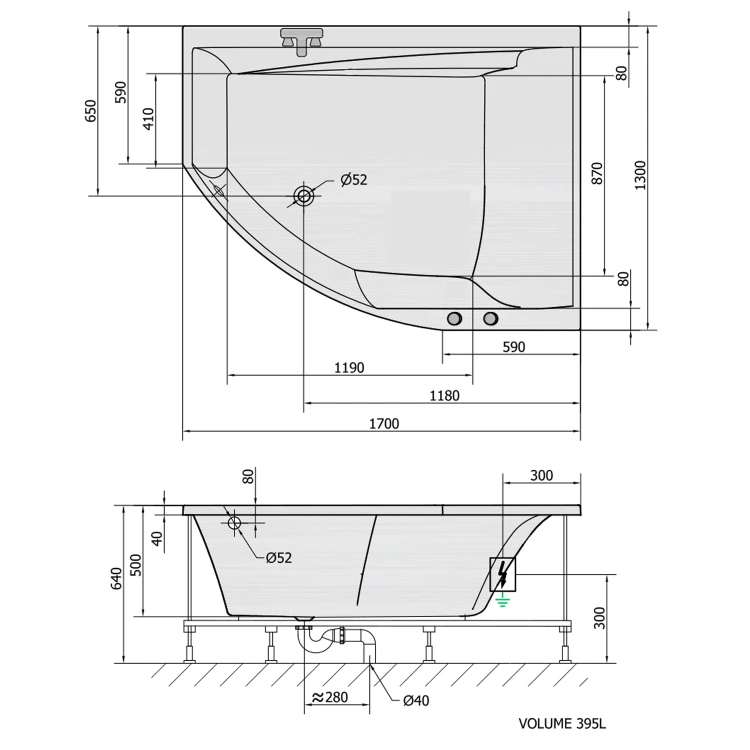 Rysunek techniczny - TANDEM R wanna z hydromasażem, 170x130x50cm, Attraction Hydro-Air, chrom