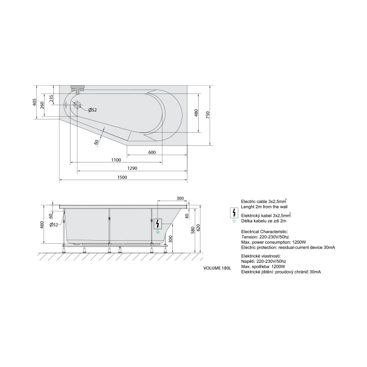 Rysunek techniczny - TIGRA R wanna z hydromasażem, 150x75x46cm, Active Hydro, chrom