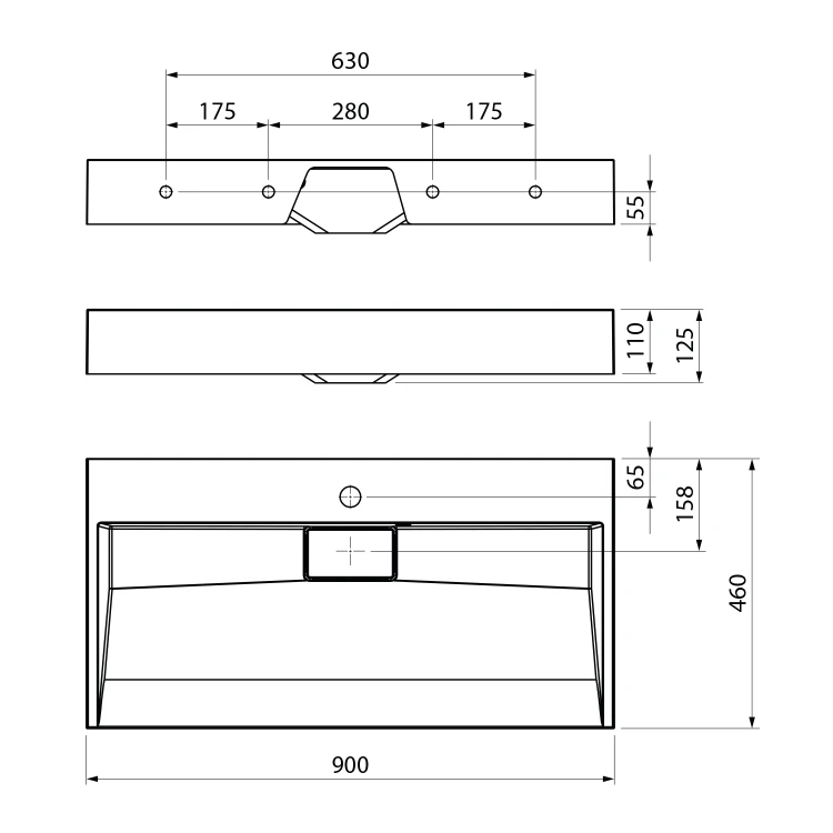 Rysunek techniczny - AMUR umywalka kompozytowa z pokrywą odpływu 90x46cm, biały