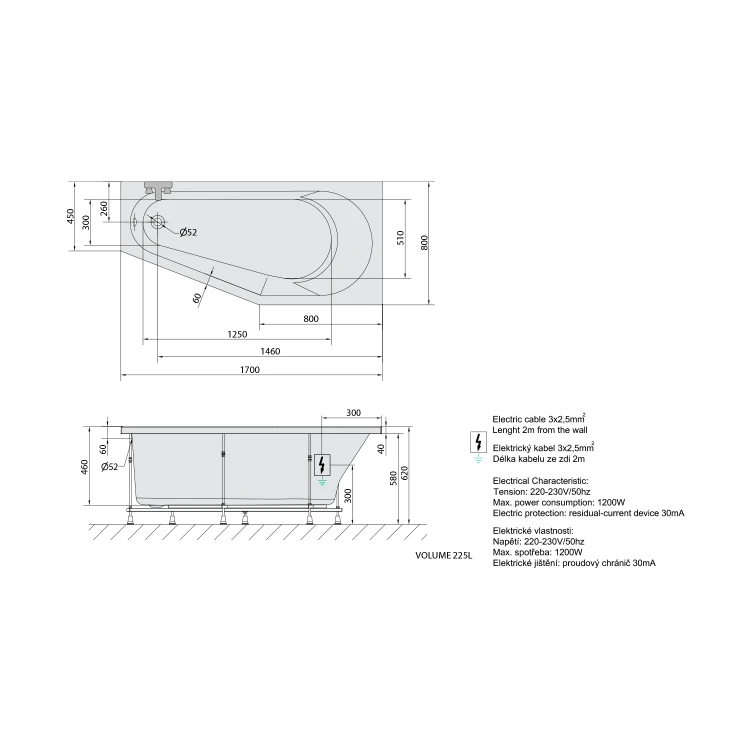 Rysunek techniczny - TIGRA R wanna z hydromasażem, 170x80x46cm, Active Hydro-Air, chrom