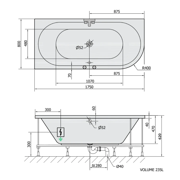Rysunek techniczny - VIVA L wanna z hydromasażem, 175x80x47cm, Highline Hydro-Air, chrom