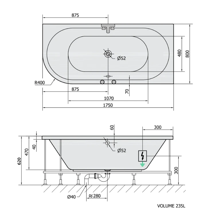 Rysunek techniczny - VIVA R wanna z hydromasażem, 175x80x47cm, Highline Hydro-Air, chrom