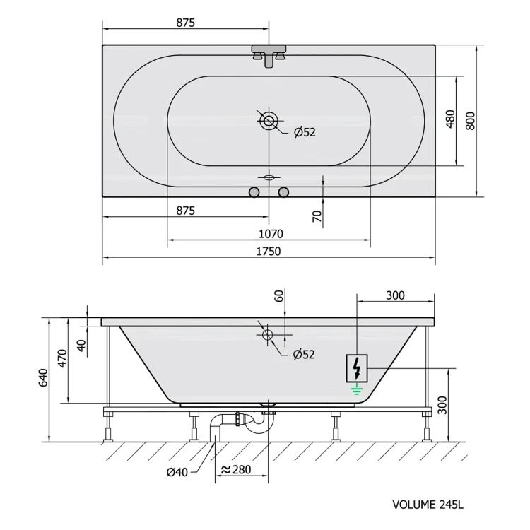 Rysunek techniczny - VIVA B wanna z hydromasażem, 175x80x47cm, Attraction Hydro, chrom