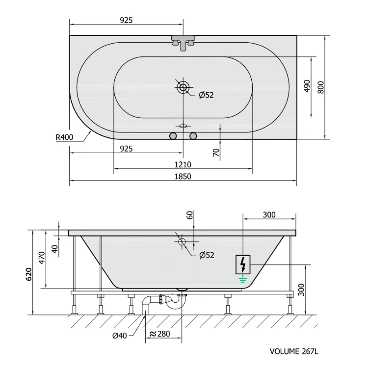 Rysunek techniczny - VIVA R wanna z hydromasażem, 185x80x47cm, Active Hydro, chrom
