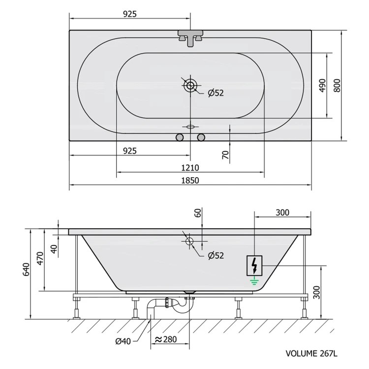 Rysunek techniczny - VIVA B wanna z hydromasażem, 185x80x47cm, Active Hydro, chrom