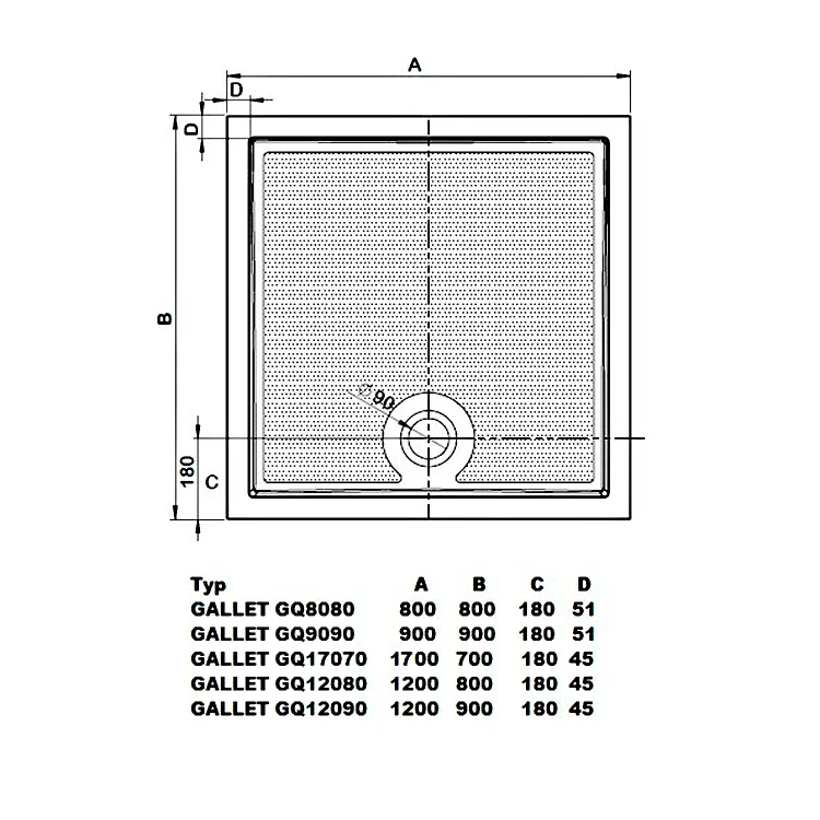 Rysunek techniczny - GALLET brodzik prysznicowy kompozytowy, 120x80cm