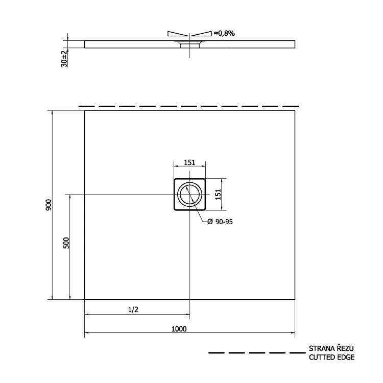 Rysunek techniczny - FLEXIA brodzik kompozytowy z możliwością docinania 100x90cm, brązowy mat