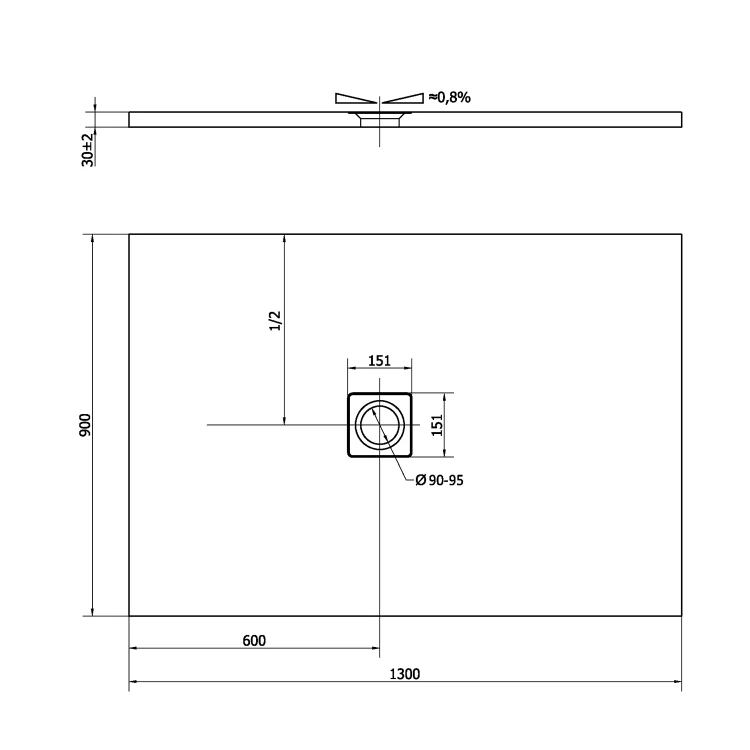 Rysunek techniczny - FLEXIA brodzik kompozytowy z możliwością docinania 130x90cm, szary mat