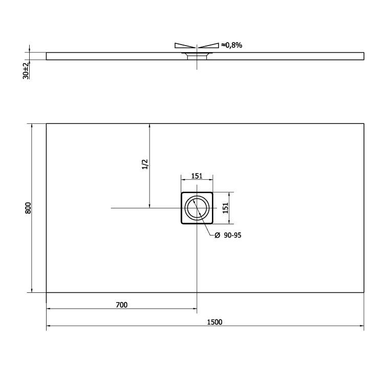 Rysunek techniczny - FLEXIA brodzik kompozytowy z możliwością docinania 150x80cm, antracyt mat