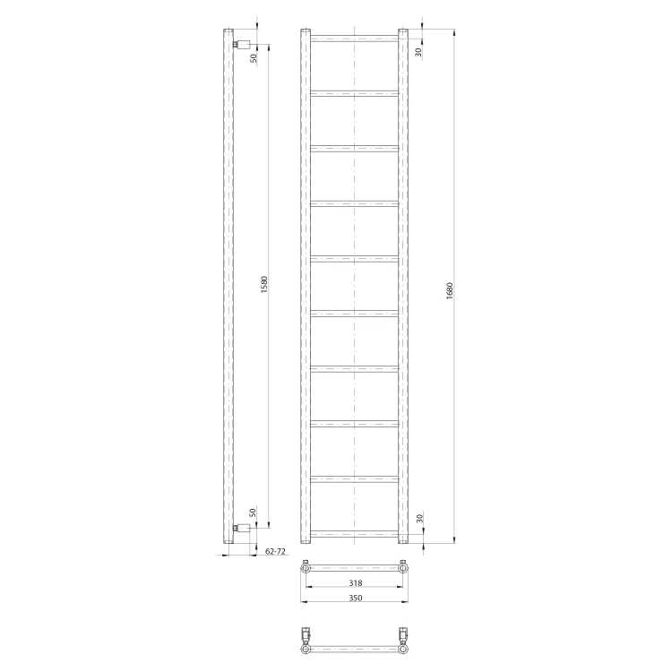 Rysunek techniczny - DINA grzejnik łazienkowy 350x1680mm, czarny mat