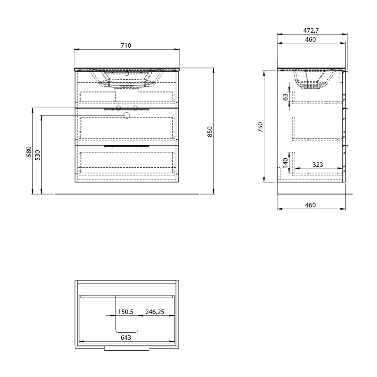 Rysunek techniczny - CIRASA szafka pod umywalkę 69,8x75x46cm, 3 szuflada , sosna rustykalna