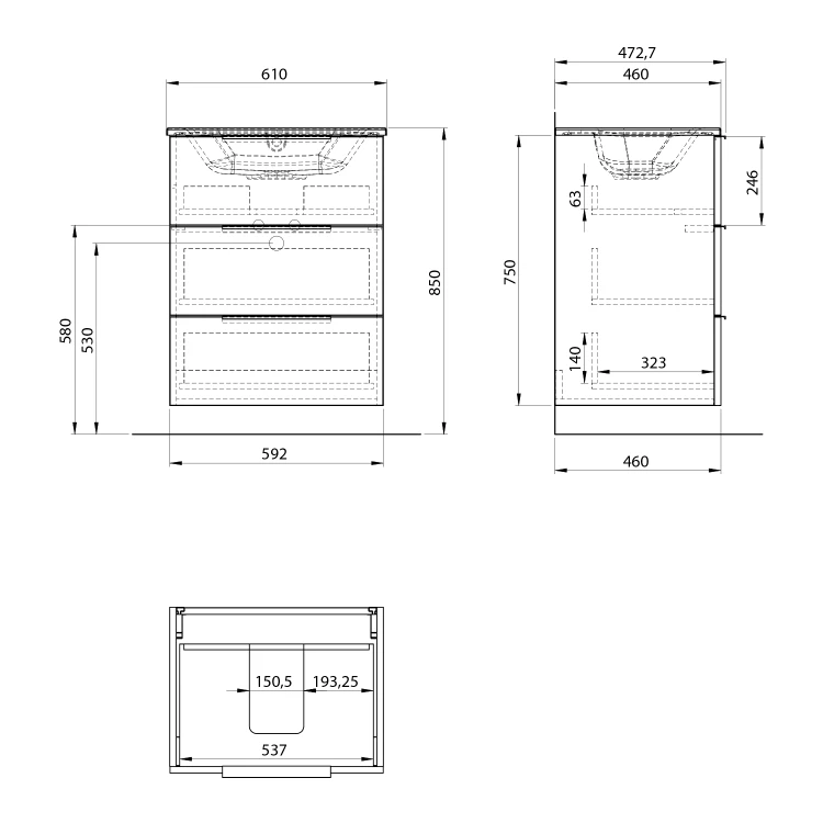 Rysunek techniczny - CIRASA szafka pod umywalkę 59,2x75x46cm, 3 szuflada , dąb srebrny