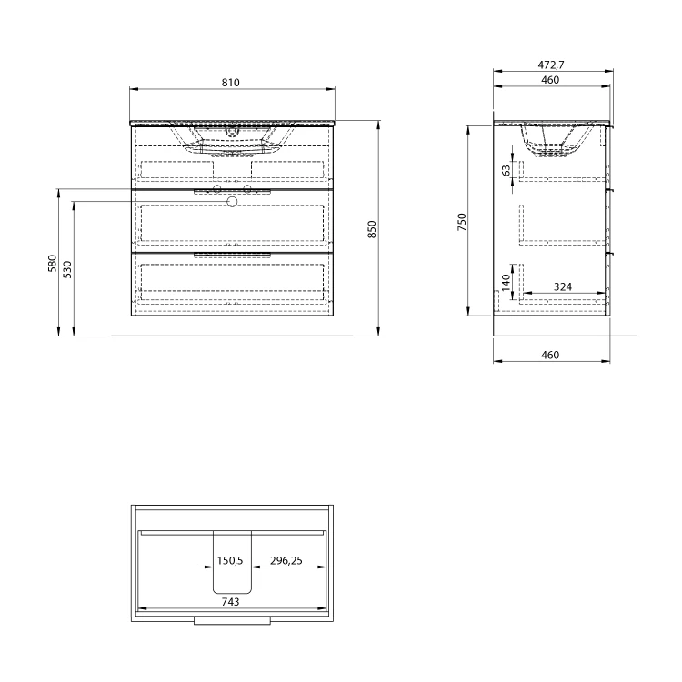 Rysunek techniczny - CIRASA szafka pod umywalkę 79,8x75x46cm, 3 szuflada , biały połysk
