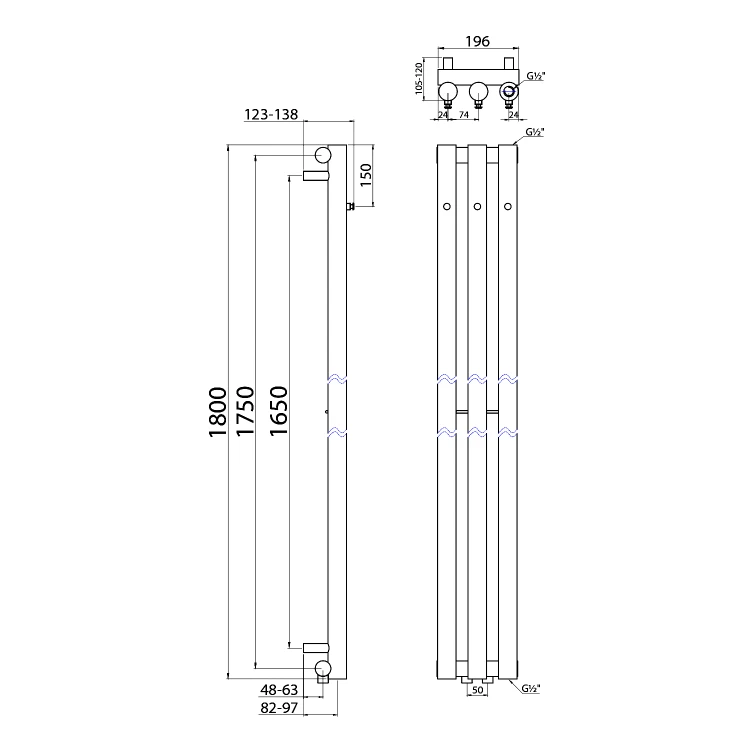 Rysunek techniczny - PILON grzejnik łazienkowy 196x1800mm, 3 wieszaki, chrom