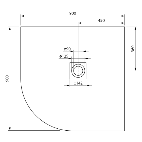 Rysunek techniczny - MITIA brodzik prysznicowy kompozytowy, półokrągły 90x90cm, biały