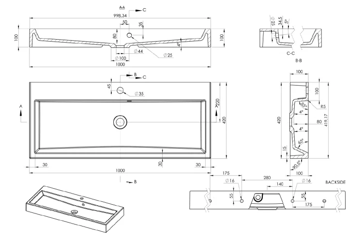 Rysunek techniczny - ORINOKO umywalka kompozytowa 100x42cm, biały